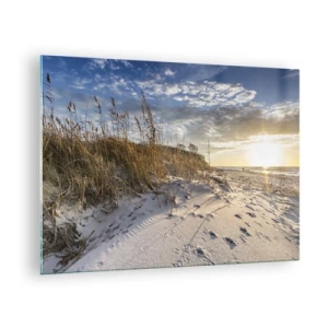 Impression sur verre - Image sur verre - Plage de sable au coucher du soleil avec des herbes près de la dune - 70x50cm - Invitation à la ballade - Décoration murale moderne pour le salon et la chambre ARTTOR