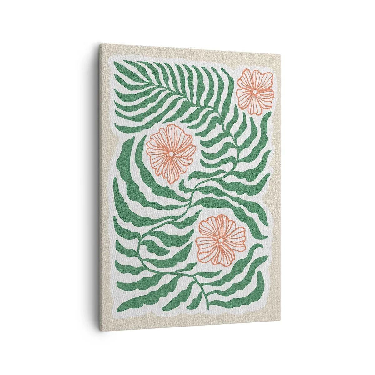 Impression sur toile - Image sur toile - Un motif minimaliste de feuilles vertes avec des fleurs dans des tons orange. - 50x70cm - Fleurit en vert - Décoration murale moderne pour le salon et la chambre ARTTOR