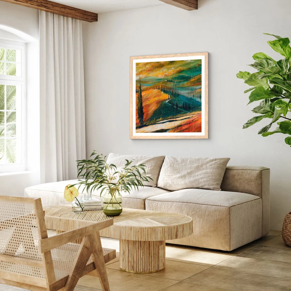 Affiche dans un chêne clair - Poster - paysage toscan - 40x40 cm