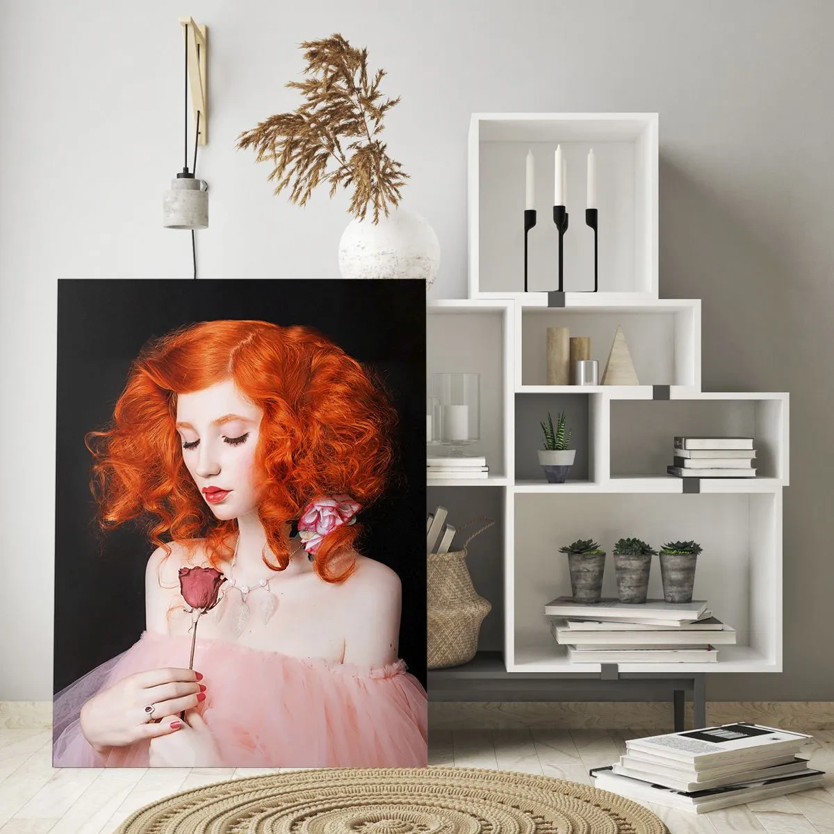 Impression sur verre - Image sur verre - Une femme aux cheveux roux tenant une rose - 70x100cm - De style baroque - Décoration murale moderne pour le salon et la chambre ARTTOR