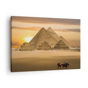 Impression sur toile - Image sur toile - Pyramides d'Égypte au coucher du soleil avec des cavaliers à cheval - 70x50cm - Aucun changement depuis des milliers d'années - Décoration murale moderne pour le salon et la chambre ARTTOR