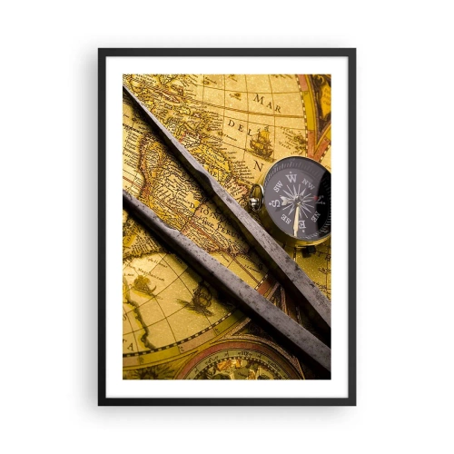 Affiche dans un cadre noir - Poster - Ancienne carte avec boussole et outils de navigation - 50x70cm - Où sont ces trésors? - Décoration murale moderne pour le salon et la chambre ARTTOR