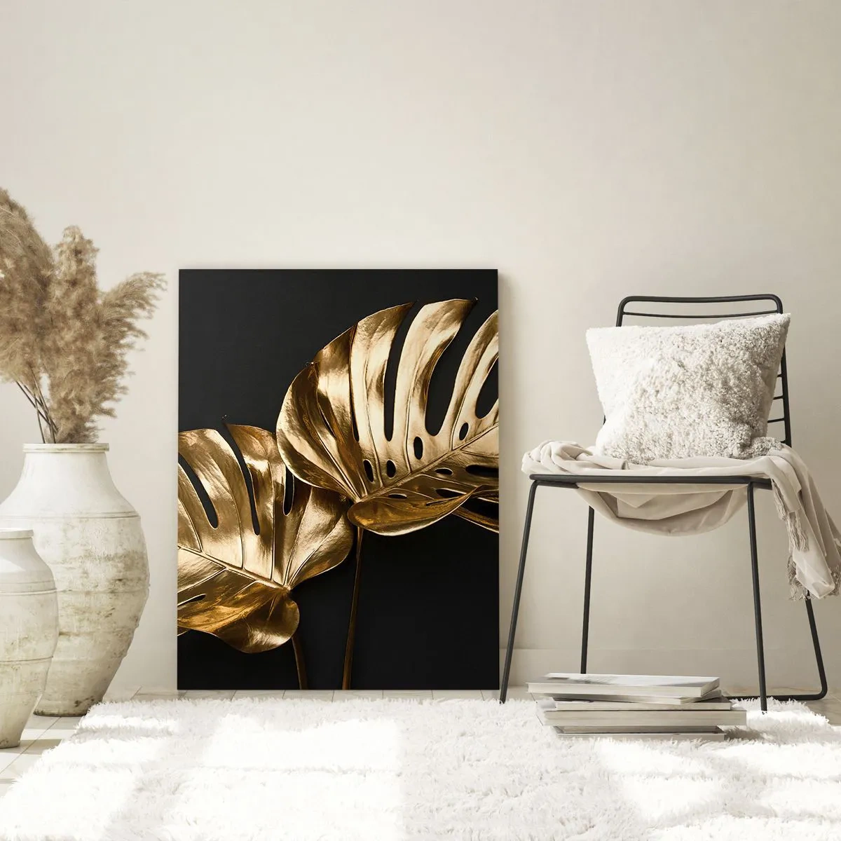 Impression sur verre - Image sur verre - Feuilles de monstera dorées sur fond noir - 70x100cm - Les trésors de la nature - Décoration murale moderne pour le salon et la chambre ARTTOR