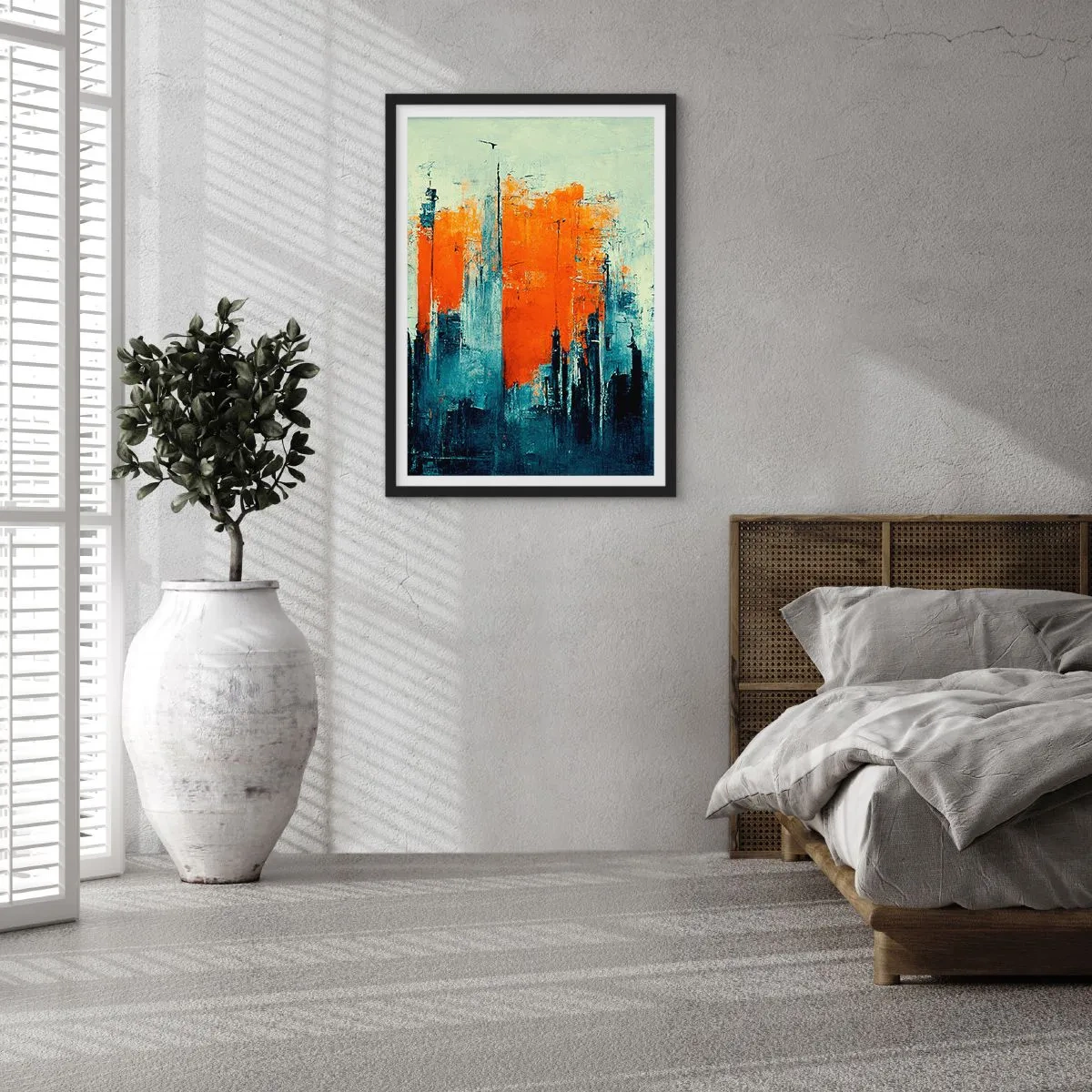 Affiche dans un cadre noir - Poster - Panorama urbain abstrait dans les tons orange et bleu marine - 50x70cm - Paysage moderne - Décoration murale moderne pour le salon et la chambre ARTTOR