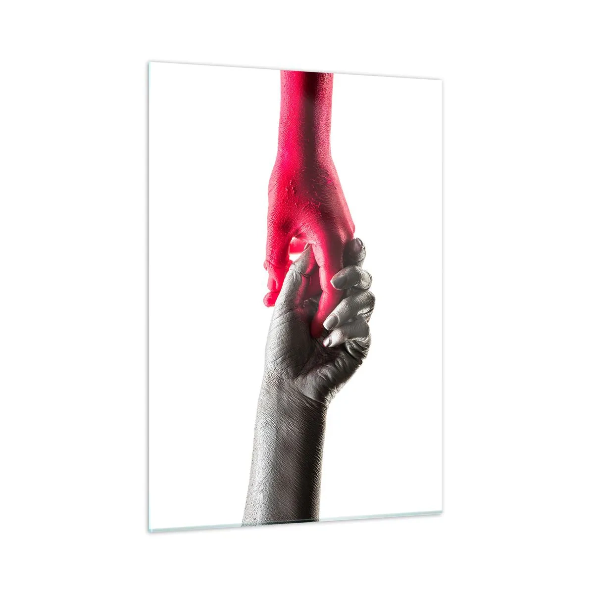 Impression sur verre - Image sur verre - Gros plan de deux mains, l'une en noir, l'autre en rouge, se tenant l'une l'autre - 50x70cm - Ensemble, bien que différents - Décoration murale moderne pour le salon et la chambre ARTTOR