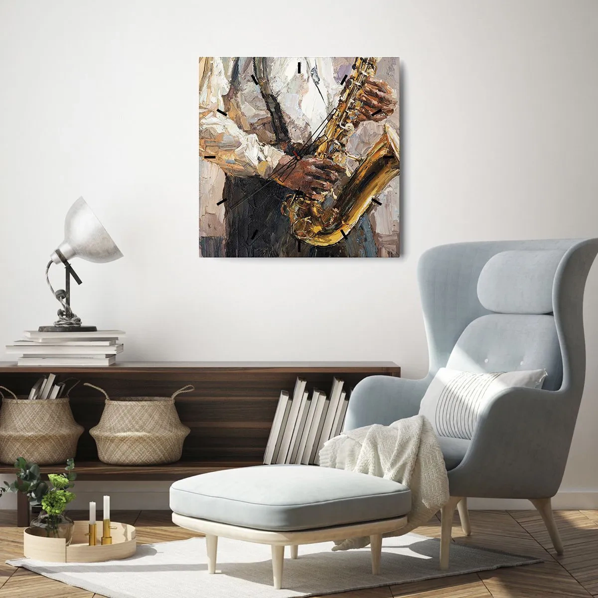 Horloge murale - Pendule murale - Un musicien jouant du saxophone dans un style artistique - 30x30cm - C'est l'heure du solo - Décoration murale moderne pour le salon et la chambre ARTTOR