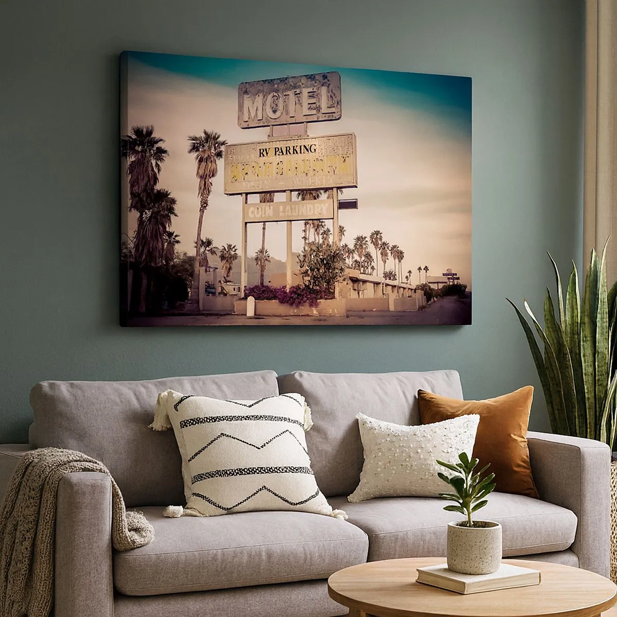 Impression sur toile - Image sur toile - Panneau de motel rétro entouré de palmiers - 70x50cm - Ici, le temps s'est arrêté - Décoration murale moderne pour le salon et la chambre ARTTOR
