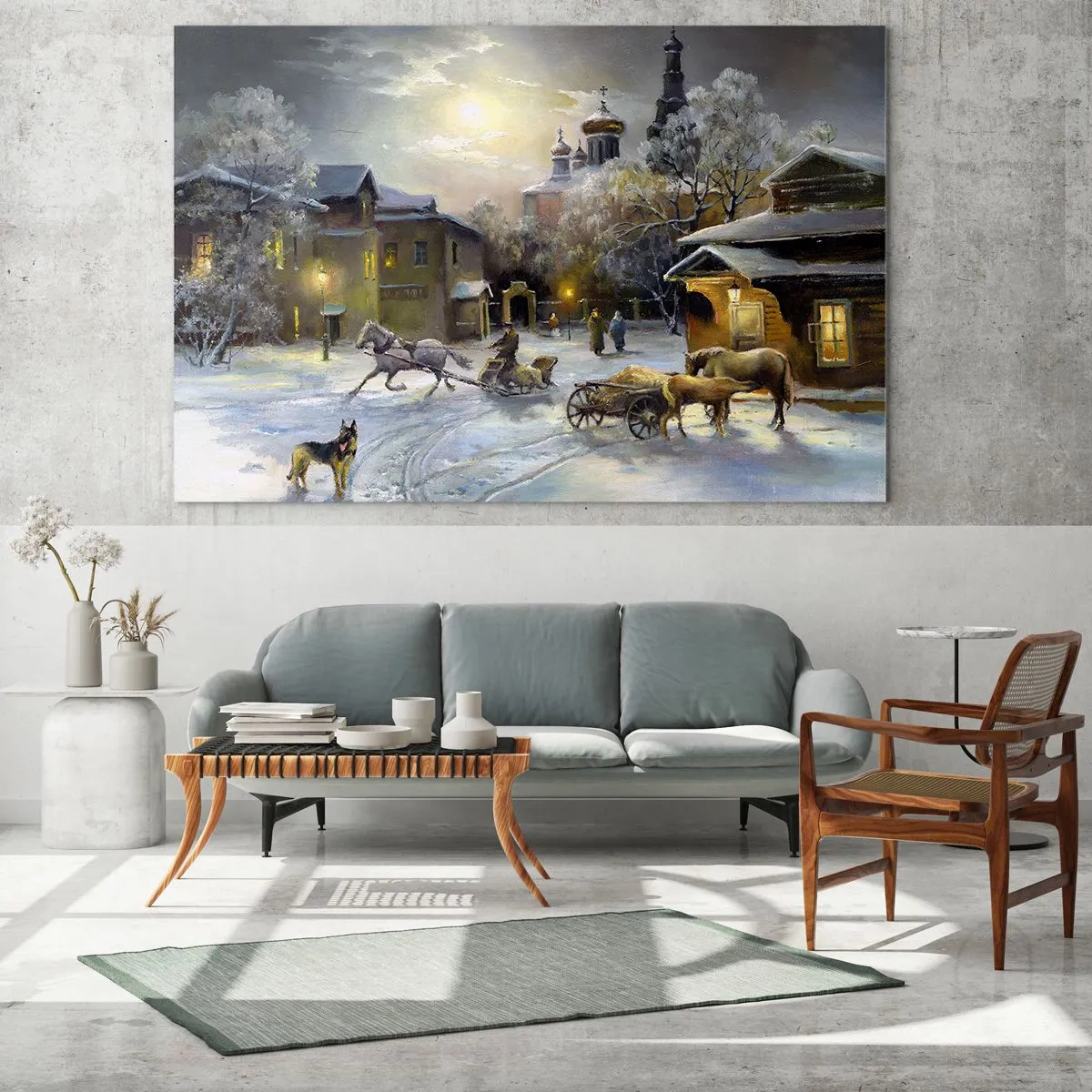 Impression sur verre - Image sur verre - Paysage hivernal d'une ville illuminée par le clair de lune - 70x50cm - La magie de l'hiver russe - Décoration murale moderne pour le salon et la chambre ARTTOR