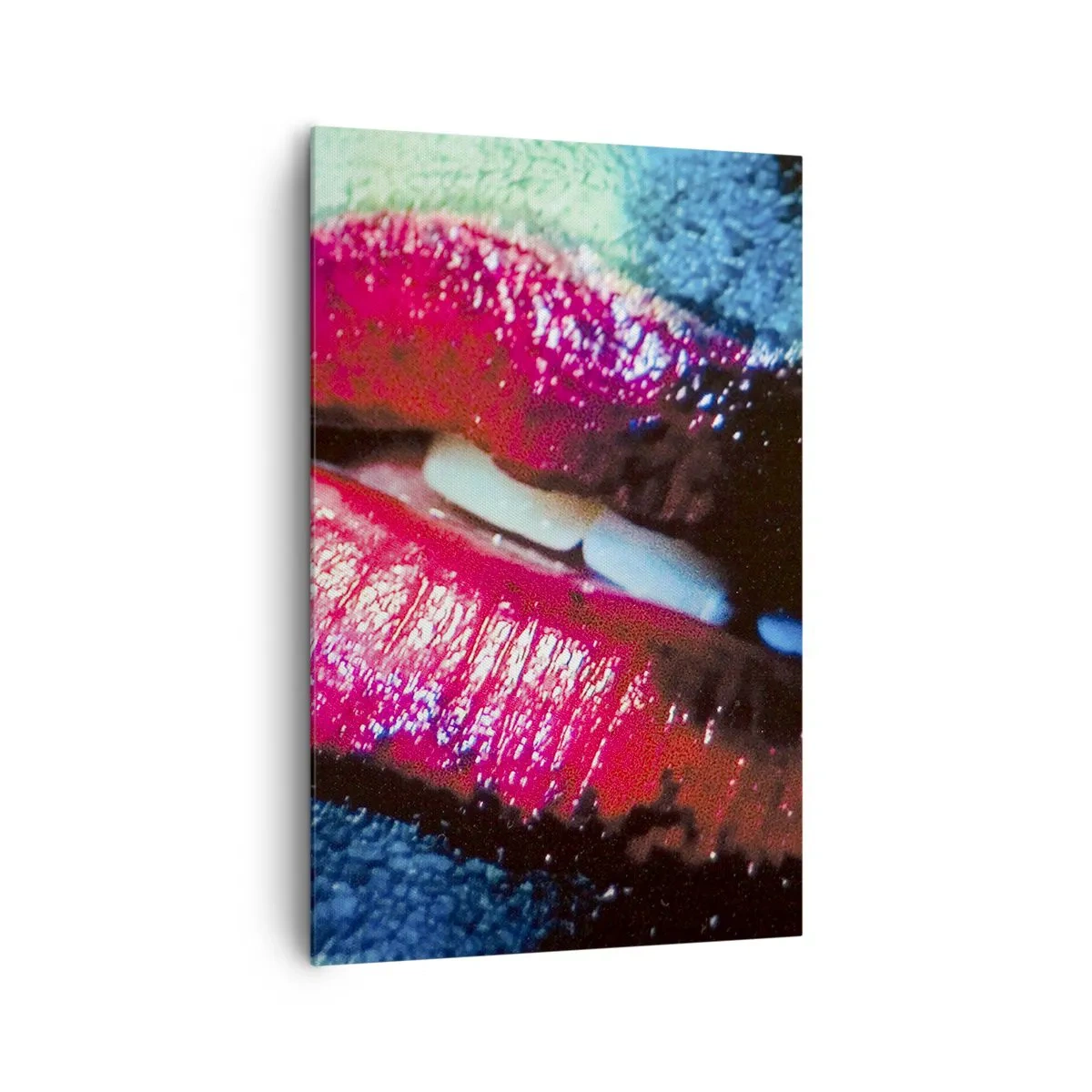 Impression sur toile - Image sur toile - Gros plan de lèvres colorées et brillantes sur un fond artistique - 80x120cm - Sensuel et dérangeant - Décoration murale moderne pour le salon et la chambre ARTTOR