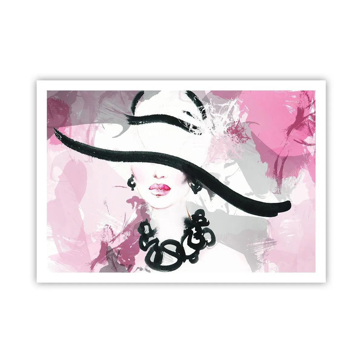 Affiche - Poster - Une femme élégante avec un chapeau sur un fond d'abstractions roses. - 100x70cm - Portrait d'une dame en noir et rose - Décoration murale moderne pour le salon et la chambre ARTTOR