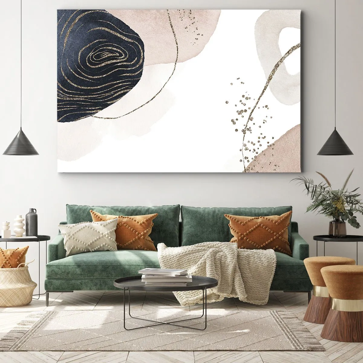 Impression sur toile - Image sur toile - Formes abstraites dans des tons beige et bleu marine avec des détails dorés - 70x50cm - Tout coule - Décoration murale moderne pour le salon et la chambre ARTTOR