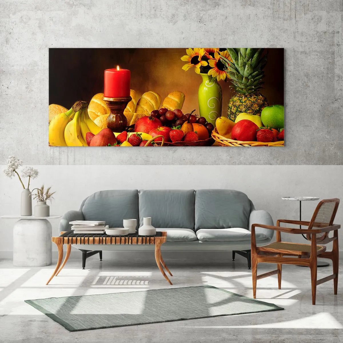 Impression sur verre - Image sur verre - Nature morte avec fruits, pain, bougie et fleurs - 140x50cm - Nature morte de pain et de fruits - Décoration murale moderne pour le salon et la chambre ARTTOR