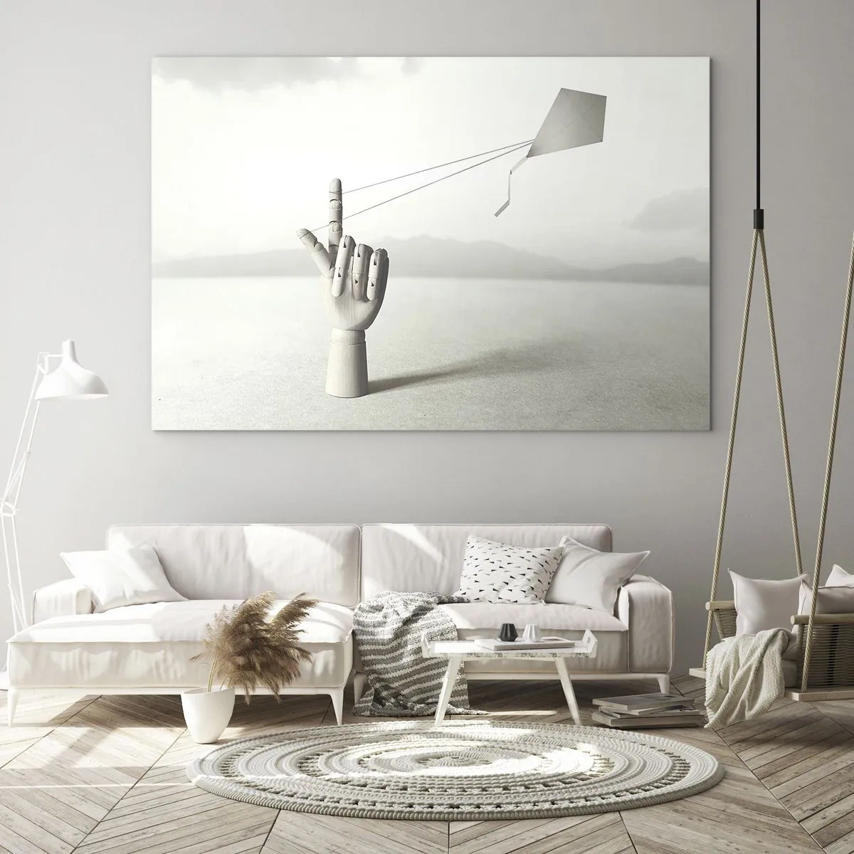 Impression sur verre - Image sur verre - Une main en bois tenant un cerf-volant flottant sur son doigt - 70x50cm - Épreuve de force - Décoration murale moderne pour le salon et la chambre ARTTOR