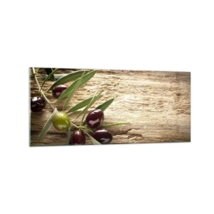 Impression sur verre - Image sur verre - Branche d'olivier avec des fruits sur un fond de bois vieilli - 120x50cm - Directement de la nature - Décoration murale moderne pour le salon et la chambre ARTTOR