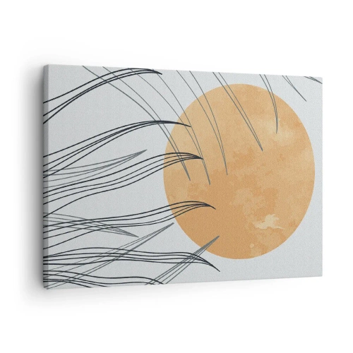 Impression sur toile - Image sur toile - Brins d'herbe abstraits sur fond de grand soleil orange - 70x50cm - Toujours vers le soleil - Décoration murale moderne pour le salon et la chambre ARTTOR