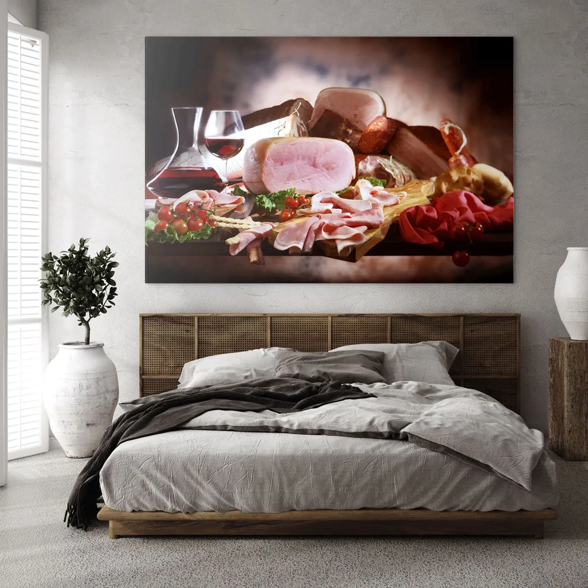 Impression sur verre - Image sur verre - Table de cuisine avec charcuterie, vin et légumes frais - 120x80cm - Un rêve culinaire avec une carafe - Décoration murale moderne pour le salon et la chambre ARTTOR
