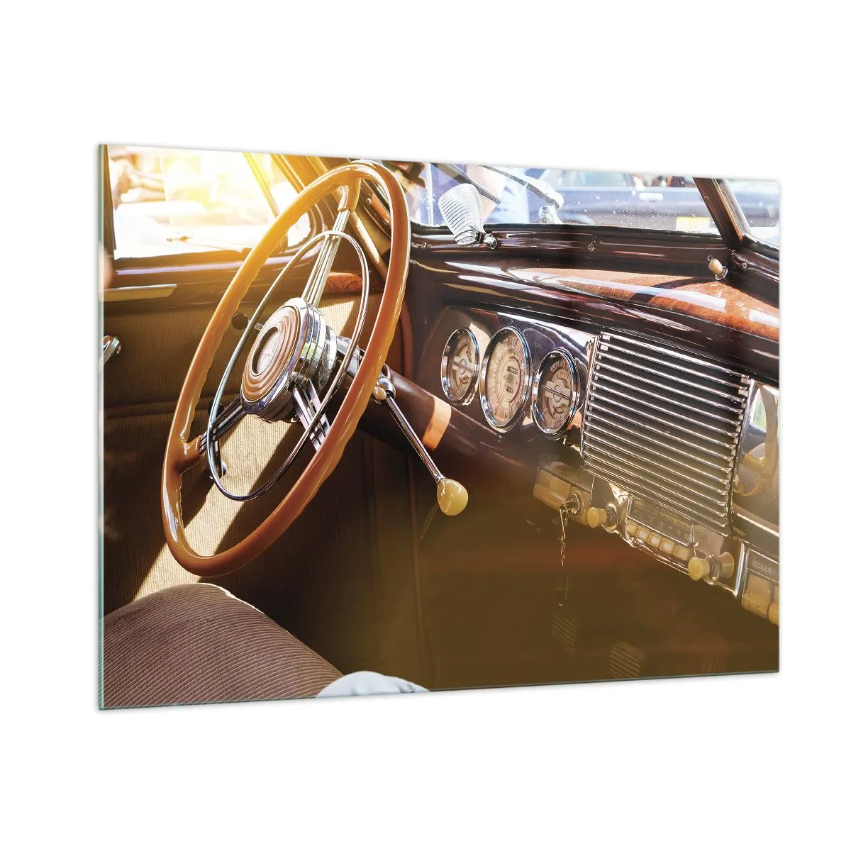 Impression sur verre - Image sur verre - Intérieur d'une voiture ancienne avec un volant en bois - 100x70cm - Souffle de luxe venu du passé - Décoration murale moderne pour le salon et la chambre ARTTOR