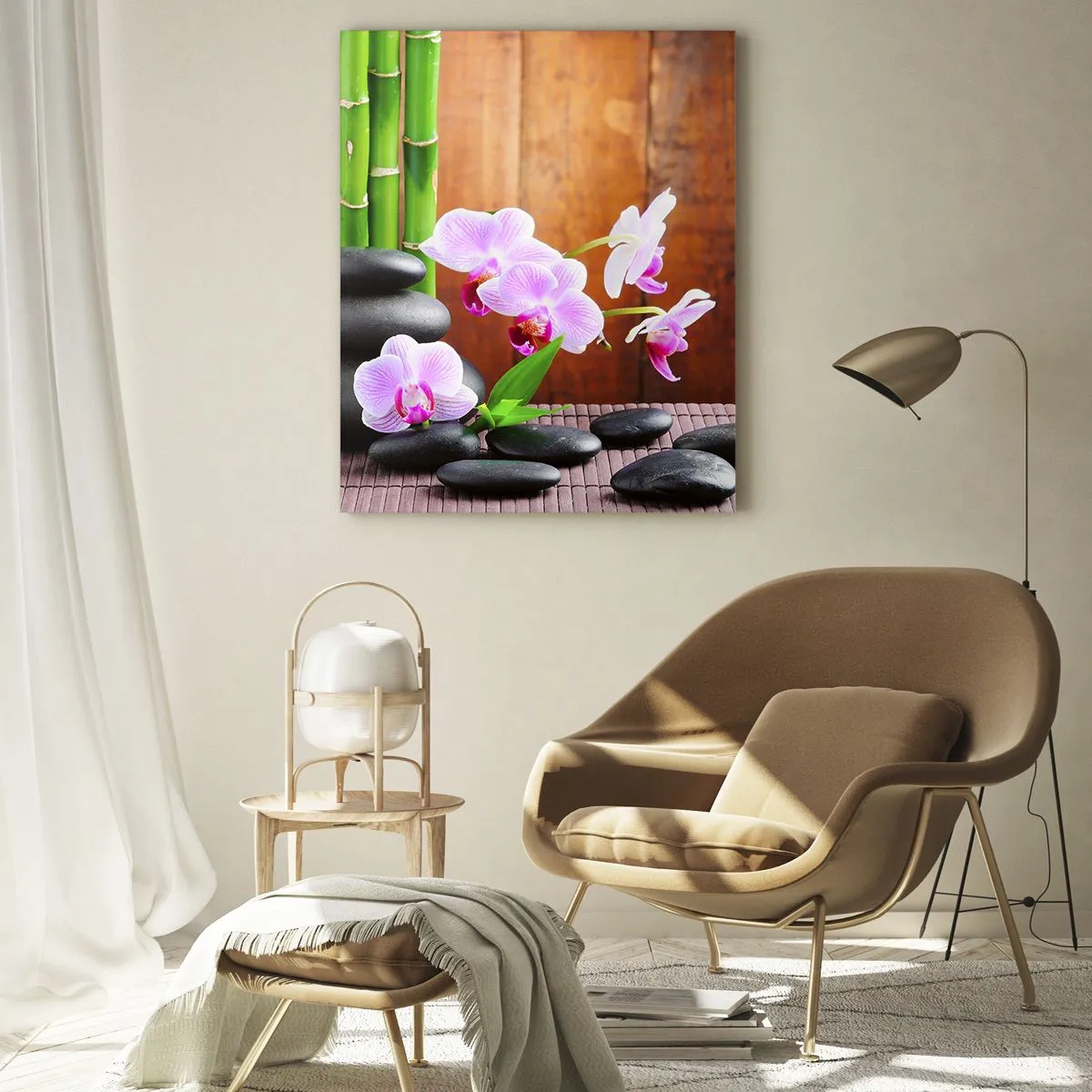 Impression sur verre - Image sur verre - Bambou de style zen, pierres et orchidées roses sur fond de bois - 80x120cm - Rencontrez les plaisirs de l'est - Décoration murale moderne pour le salon et la chambre ARTTOR