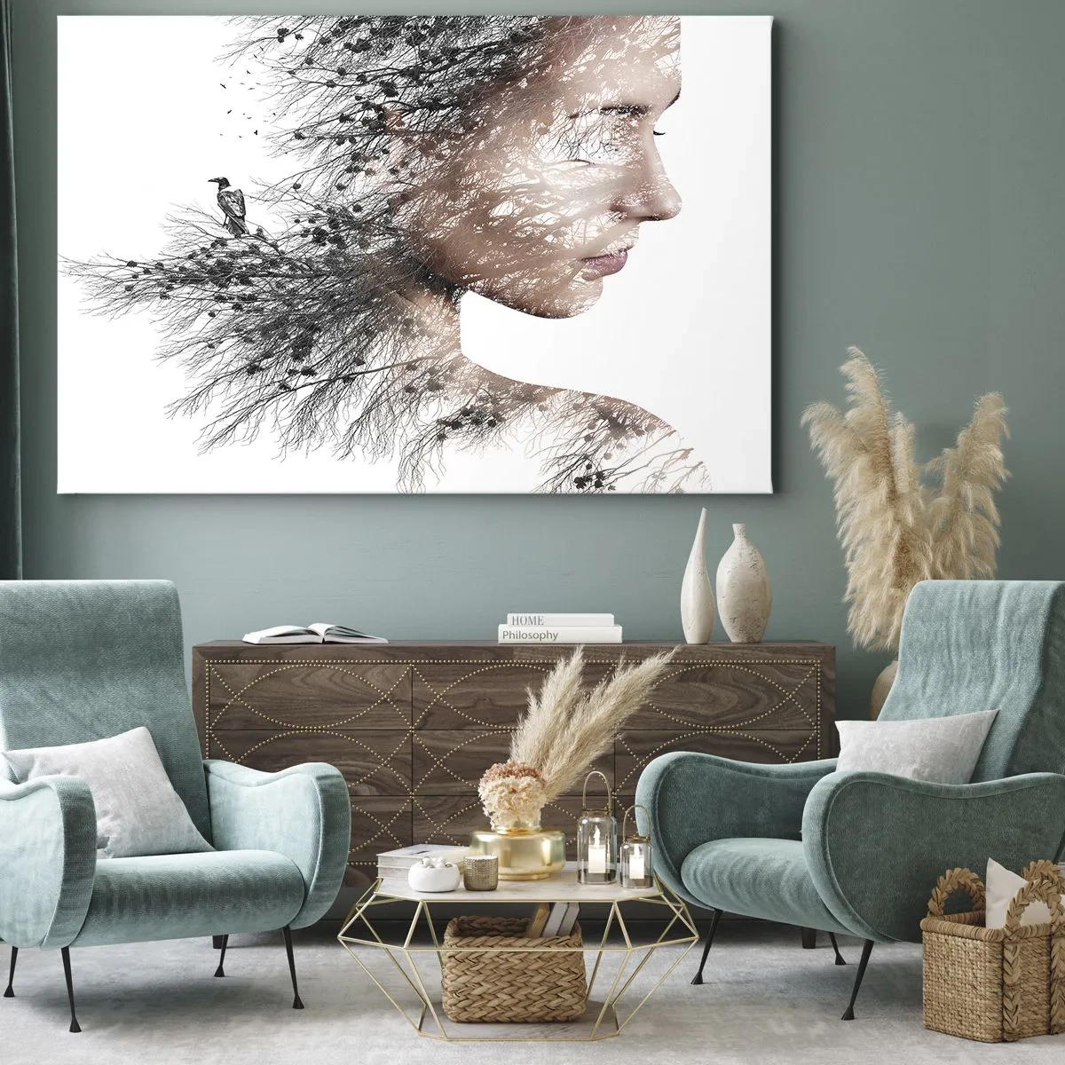 Impression sur toile - Image sur toile - Silhouette d'une femme avec un motif de branche et d'oiseau en arrière-plan - 120x80cm - L'âme de la forêt - Décoration murale moderne pour le salon et la chambre ARTTOR