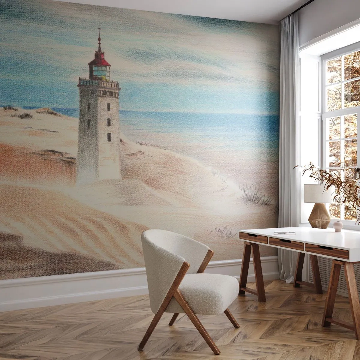 Papier Peint Photo Premium Sand - Un phare sur une plage déserte dans une interprétation picturale - 100x70cm - Toujours regarder la mer - Décoration murale moderne pour le salon et la chambre ARTTOR