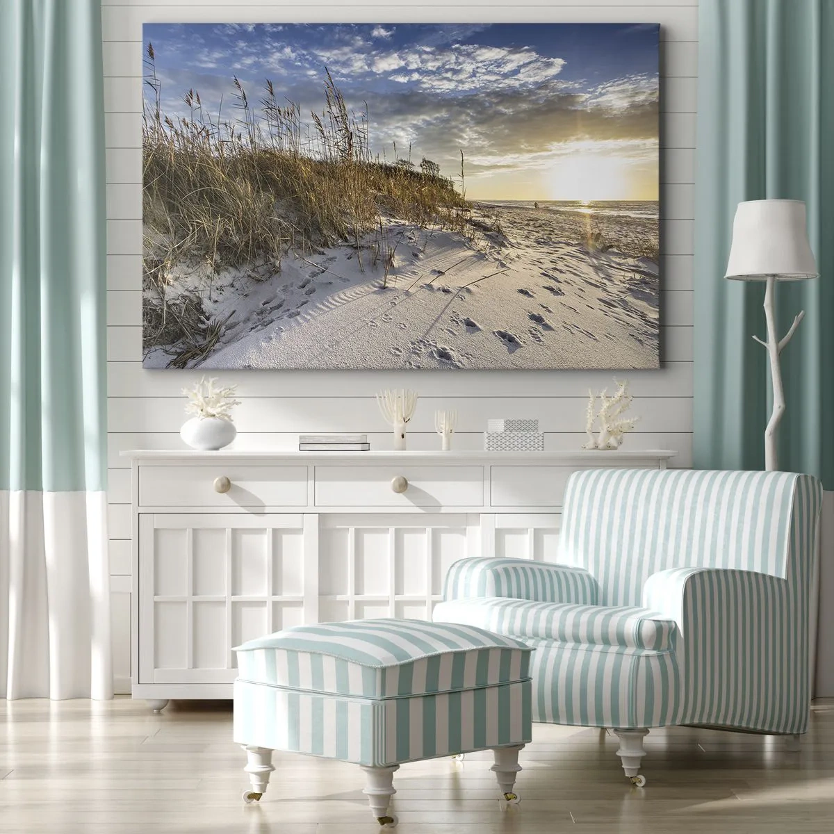 Impression sur toile - Image sur toile - Dunes avec de l'herbe et des empreintes de pas dans le sable au coucher du soleil - 120x80cm - Invitation à la ballade - Décoration murale moderne pour le salon et la chambre ARTTOR