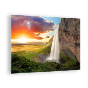 Impression sur verre - Image sur verre - Cascade islandaise sous les rayons du soleil couchant - 70x50cm - La plénitude de l'été islandais - Décoration murale moderne pour le salon et la chambre ARTTOR