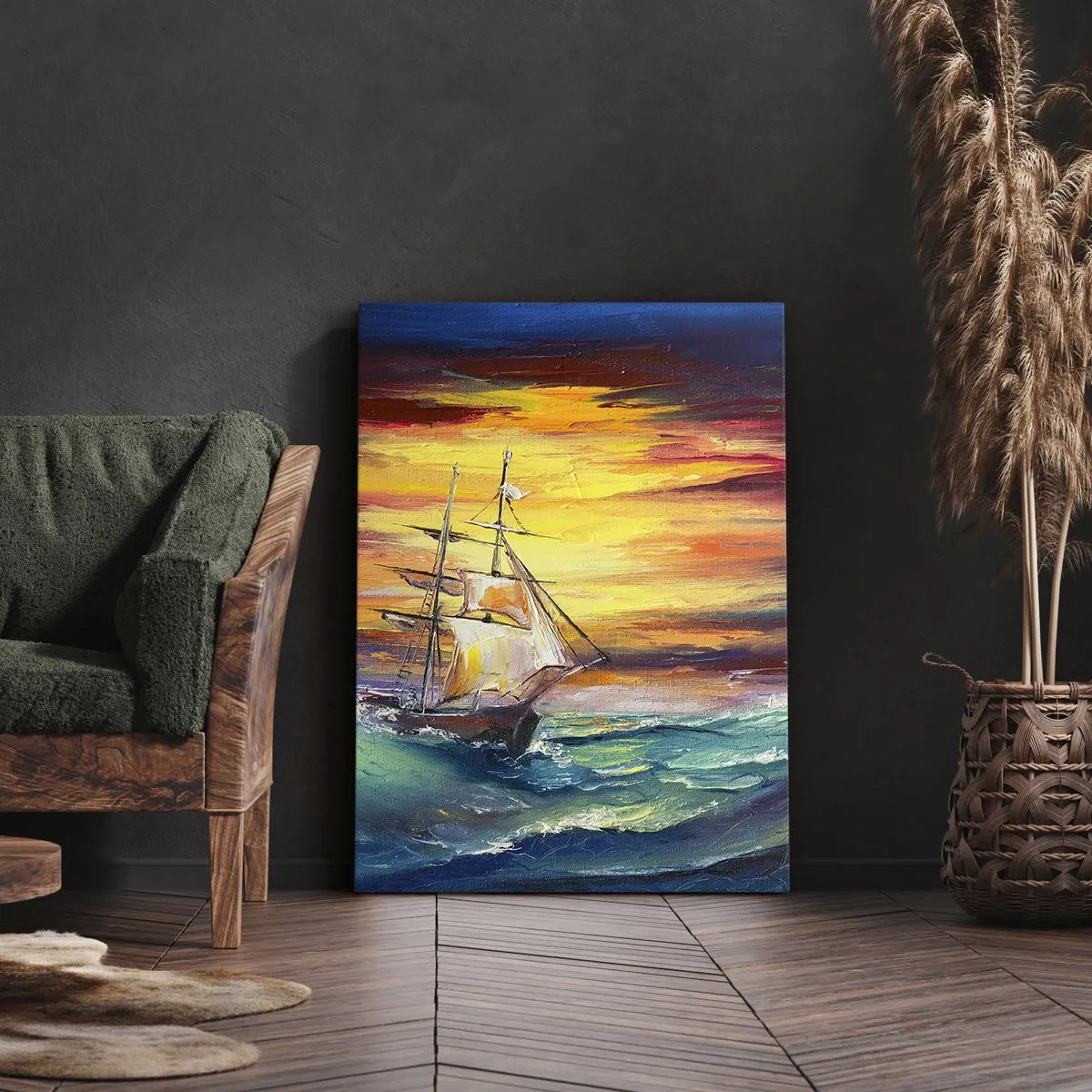 Impression sur toile - Image sur toile - Un voilier sur fond de coucher de soleil coloré - 50x70cm - Courageusement sous les vagues - Décoration murale moderne pour le salon et la chambre ARTTOR