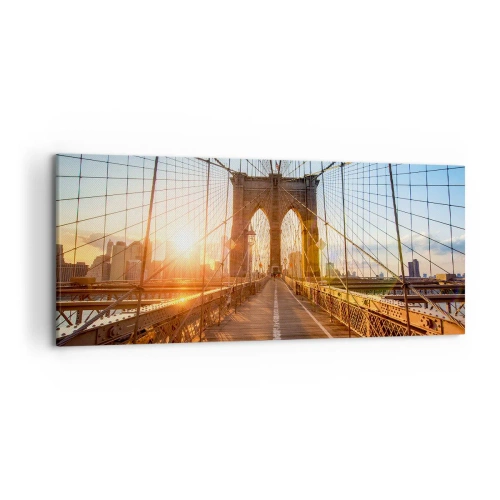 Impression sur toile - Image sur toile - Le pont à la lumière du soleil couchant avec vue sur la ville - 120x50cm - Sur le pont d'or - Décoration murale moderne pour le salon et la chambre ARTTOR