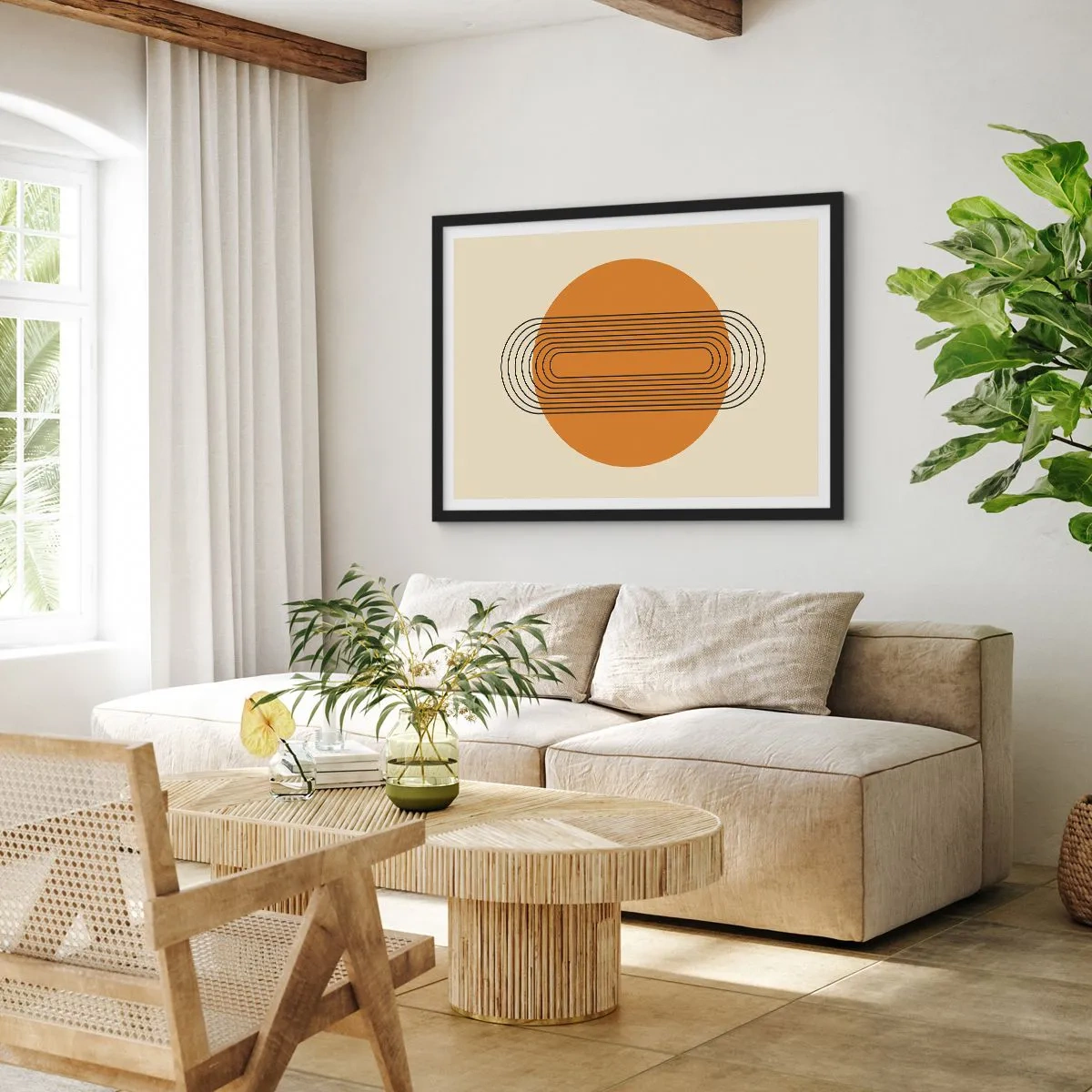 Affiche dans un cadre noir - Poster - Motif géométrique avec des cercles et des lignes orange - 70x50cm - Plan idéal - Décoration murale moderne pour le salon et la chambre ARTTOR