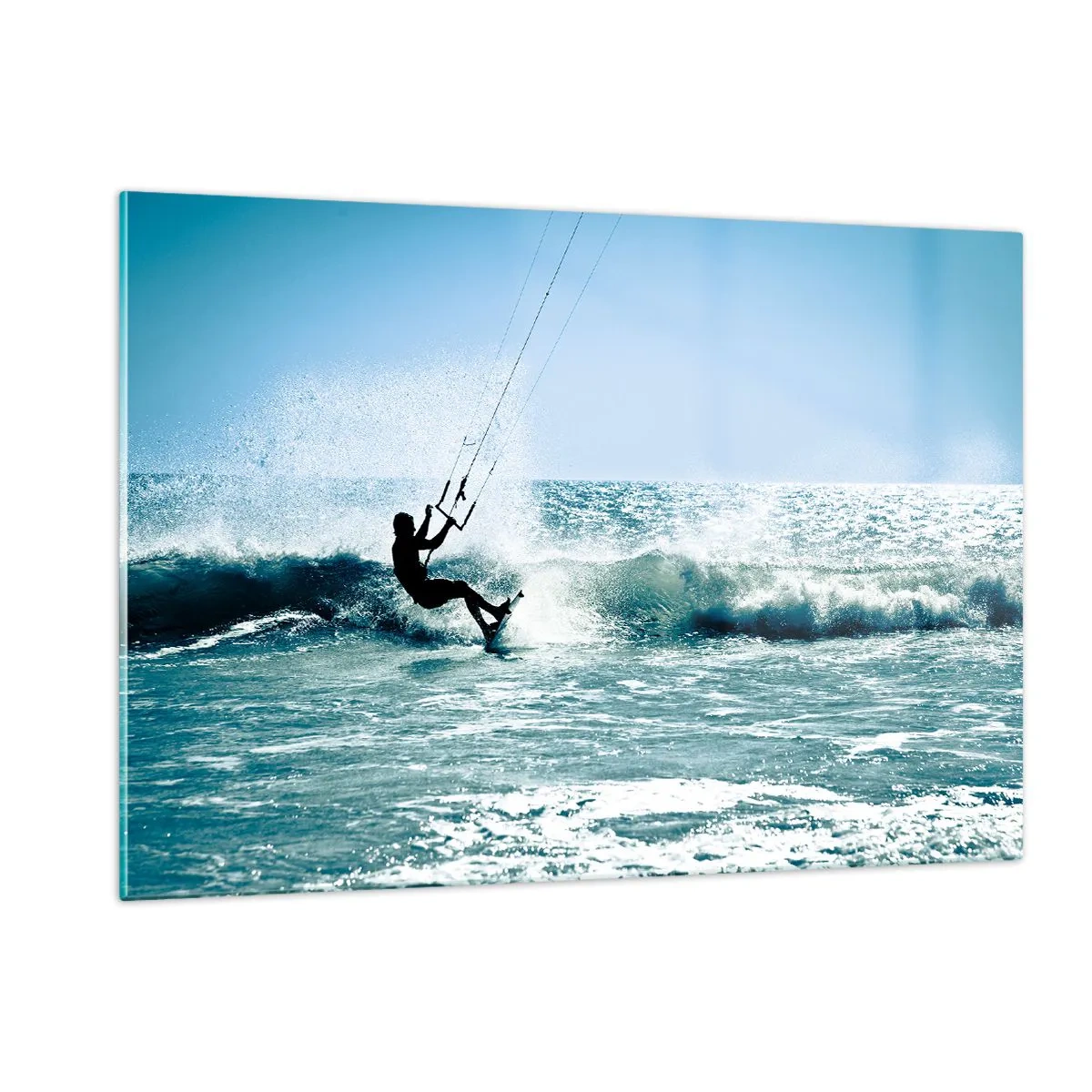 Impression sur verre - Image sur verre - Kitesurfeur sur les vagues de l'océan par une journée ensoleillée - 120x80cm - On se laisse emporter - Décoration murale moderne pour le salon et la chambre ARTTOR