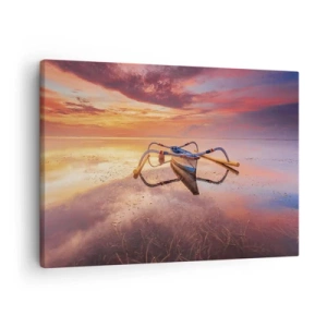 Impression sur toile - Image sur toile - Un bateau sur une eau calme au coucher du soleil - 70x50cm - Le calme d'une soirée tropicale - Décoration murale moderne pour le salon et la chambre ARTTOR