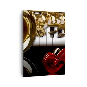 Impression sur toile - Image sur toile - Un saxophone doré, des touches de piano et un violon rouge - 50x70cm - Tôle, bois et ivoire - Décoration murale moderne pour le salon et la chambre ARTTOR