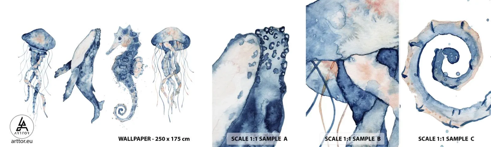 Échantillon De Papier Peint Standard Eco - Merveilles de la mer - Animaux marins, hippocampe, Méduse - 100x30 cm