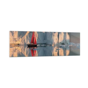 Impression sur verre - Image sur verre - Un voilier avec une voile rouge sur fond de glacier - 160x50cm - Aux limites du monde - Décoration murale moderne pour le salon et la chambre ARTTOR