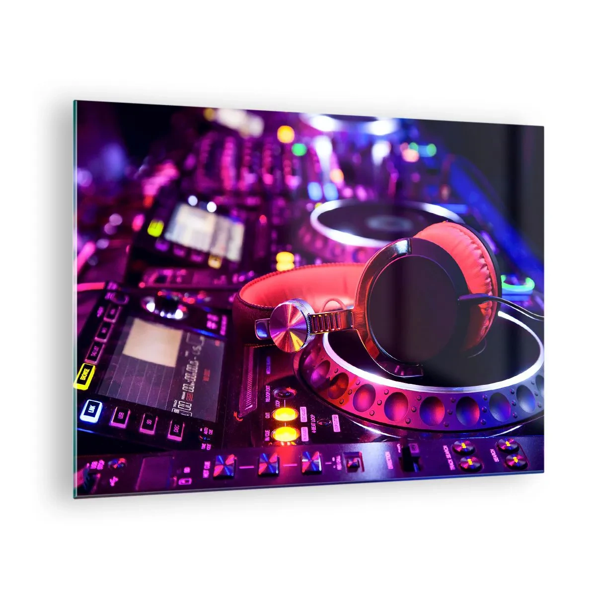 Impression sur verre - Image sur verre - Équipement DJ coloré avec casque rouge - 70x50cm - Avant que le plaisir ne commence - Décoration murale moderne pour le salon et la chambre ARTTOR