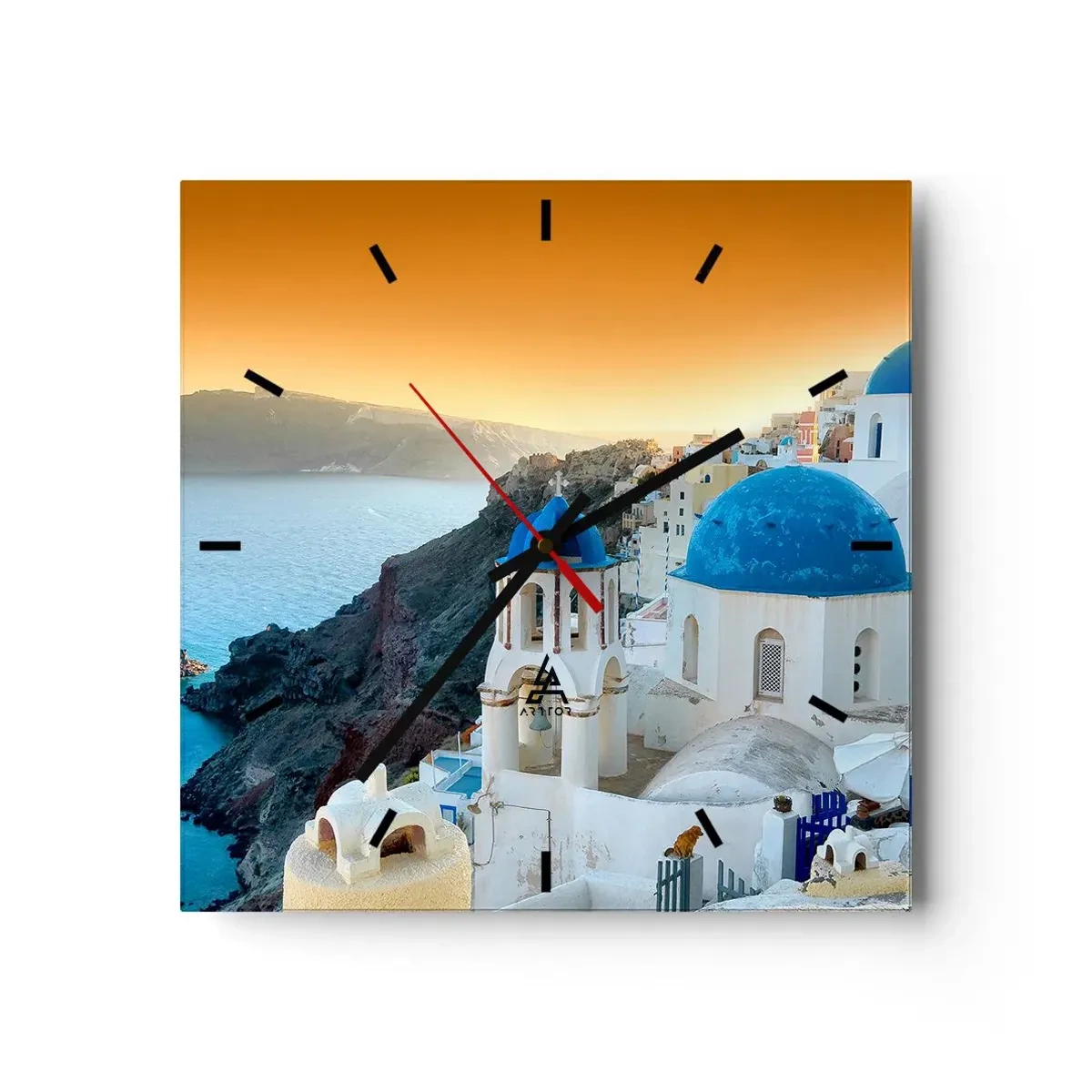 Horloge murale - Pendule murale - Vue de Santorin avec des bâtiments blancs et une mer bleue - 30x30cm - Santorin - blotti contre les rochers - Décoration murale moderne pour le salon et la chambre ARTTOR