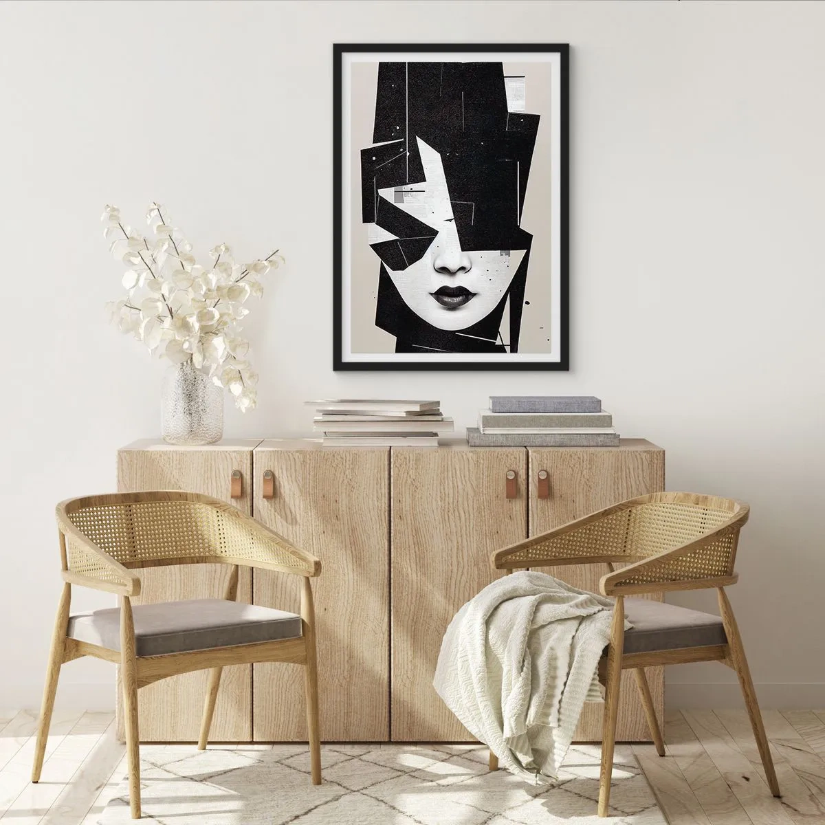 Affiche dans un cadre noir - Poster - Portrait abstrait d'une femme en noir et blanc - 50x70cm - Profondément caché - Décoration murale moderne pour le salon et la chambre ARTTOR