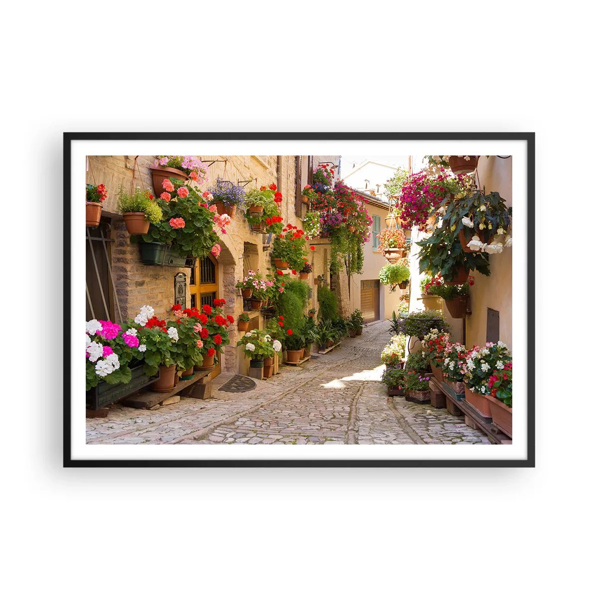 Affiche dans un cadre noir - Poster - Une rue avec des pots de fleurs et des murs de pierre - 100x70cm - Une inondation de fleurs  - Décoration murale moderne pour le salon et la chambre ARTTOR