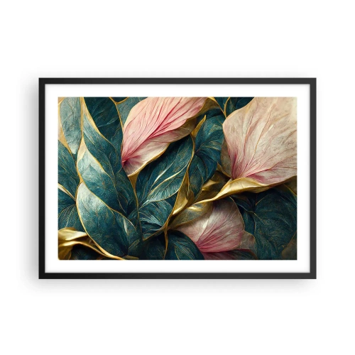 Affiche dans un cadre noir - Poster - Feuilles élégantes en vert, or et rose - 70x50cm - Élégance et style naturels - Décoration murale moderne pour le salon et la chambre ARTTOR