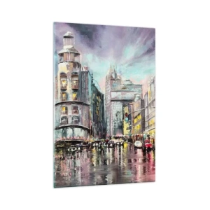 Impression sur verre - Image sur verre - Vue nocturne de la ville avec des reflets sur la rue mouillée - 80x120cm - Ce sera une soirée réussie - Décoration murale moderne pour le salon et la chambre ARTTOR