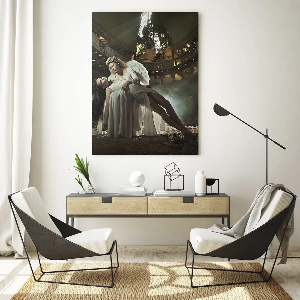 Impression sur verre - Image sur verre - Une figure d'ange tenant une femme dans les ruines d'un bâtiment - 50x70cm - L'esprit du théâtre ancien - Décoration murale moderne pour le salon et la chambre ARTTOR