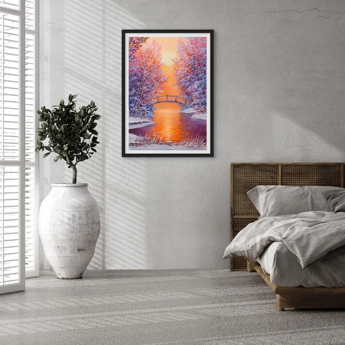 Affiche dans un cadre noir - Poster - Paysage d'hiver avec un pont et le soleil couchant reflété dans la rivière - 50x70cm - On se rencontre ici - Décoration murale moderne pour le salon et la chambre ARTTOR