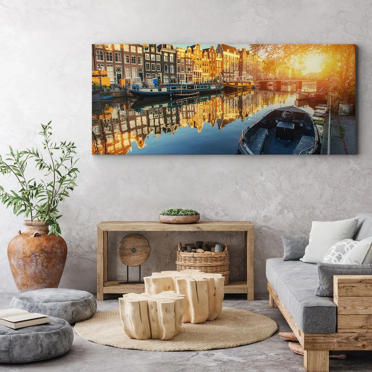 Impression sur toile - Image sur toile - Canal d'Amsterdam au coucher du soleil - 140x50cm - Début de journée à Amsterdam - Décoration murale moderne pour le salon et la chambre ARTTOR