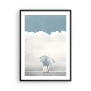 Affiche dans un cadre noir - Poster - Une silhouette avec un parapluie assise sur un rebord parmi les nuages - 50x70cm - Aux confins de la réalité et des rêves - Décoration murale moderne pour le salon et la chambre ARTTOR