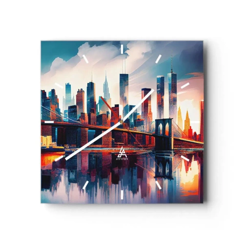 Horloge murale - Pendule murale - Panorama de la ville de New York avec pont et reflet dans l'eau - 30x30cm - New York onirique - Décoration murale moderne pour le salon et la chambre ARTTOR