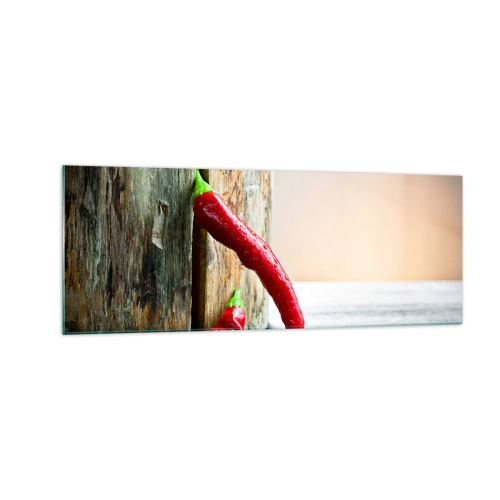 Impression sur verre - Image sur verre - Deux piments rouges sur un fond en bois avec un accent rustique - 140x50cm - Red hot chili peppers - Décoration murale moderne pour le salon et la chambre ARTTOR
