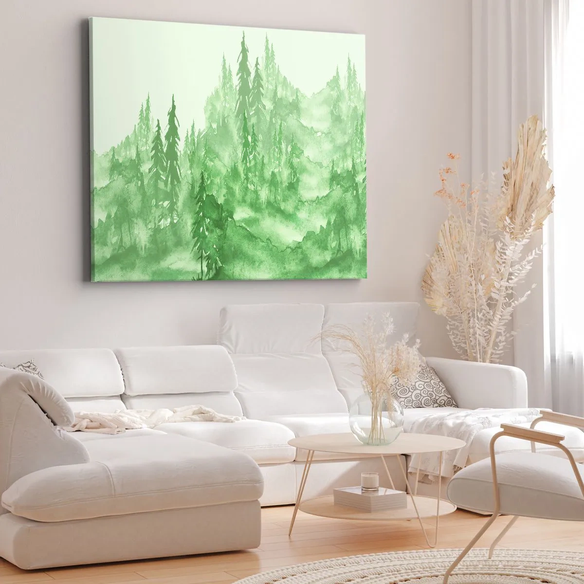 Impression sur toile - Image sur toile - Forêt verte dans un style aquarelle sur un fond clair - 100x70cm - Flou de brouillard vert - Décoration murale moderne pour le salon et la chambre ARTTOR