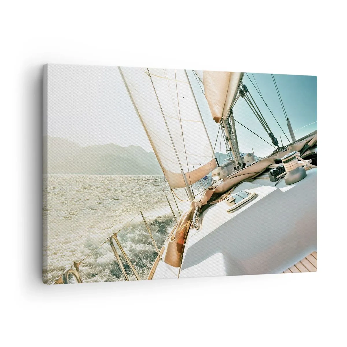 Impression sur toile - Image sur toile - Un yacht en pleine mer avec vue sur les montagnes - 70x50cm - Toutes voiles dehors - Décoration murale moderne pour le salon et la chambre ARTTOR