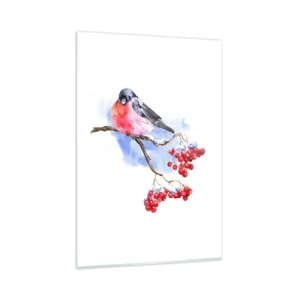Impression sur verre - Image sur verre - Oiseau sur une branche avec des fruits rouges sur fond aquarelle - 80x120cm - L'hiver en couleurs - Décoration murale moderne pour le salon et la chambre ARTTOR