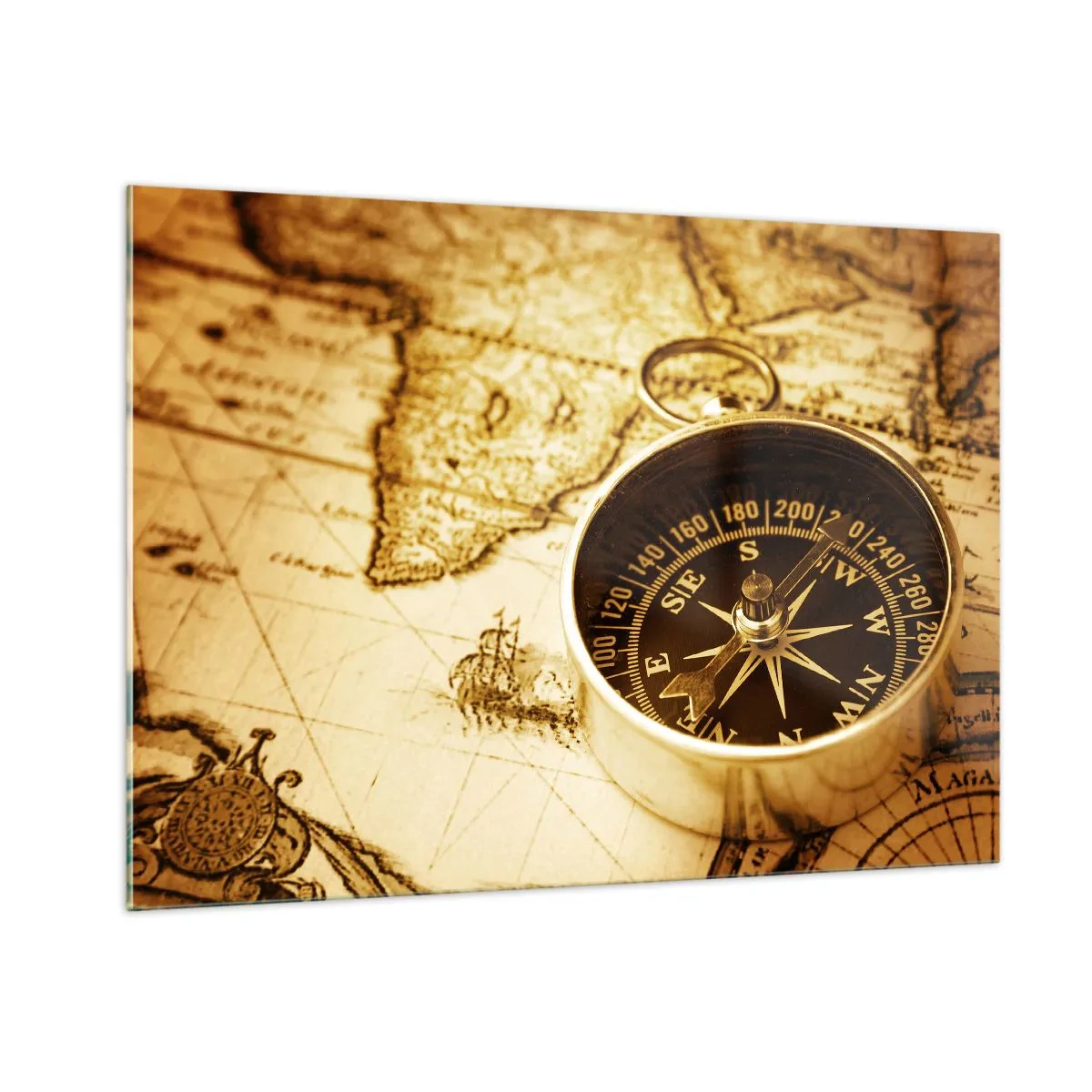 Impression sur verre - Image sur verre - Une boussole dorée sur un vieux fond de carte - 100x70cm - Est ou ouest? - Décoration murale moderne pour le salon et la chambre ARTTOR